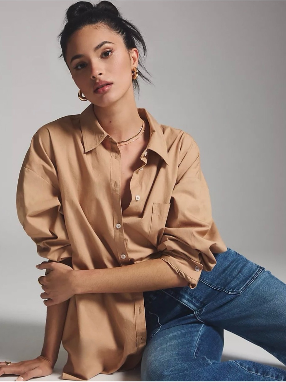 Maeve Relaxed Button-Down Shirt in Tan